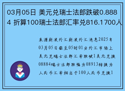 03月05日 美元兑瑞士法郎跌破0.8884 折算100瑞士法郎汇率兑816.1700人民币